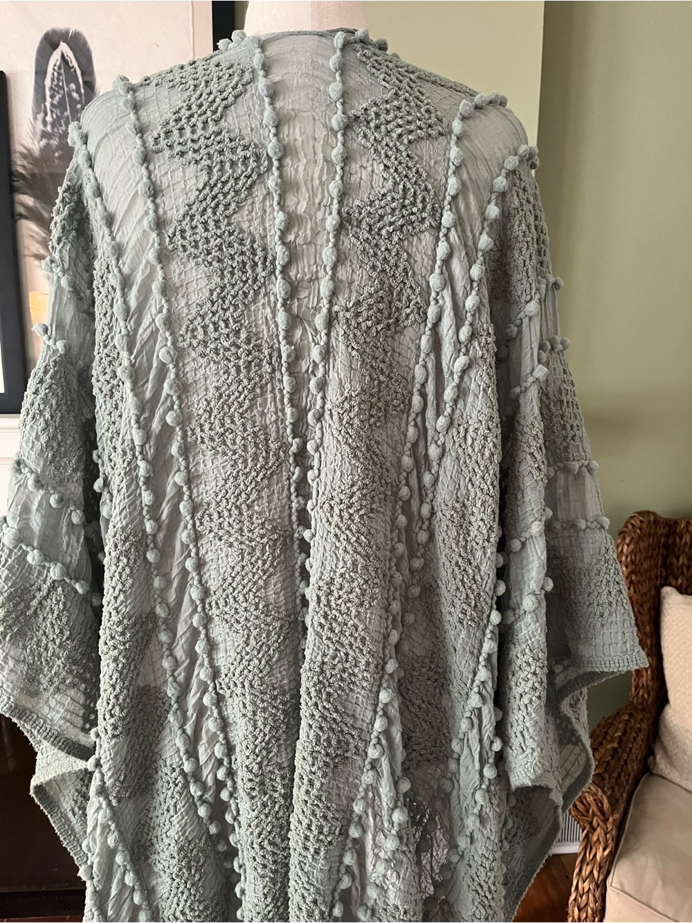 Sage Green Pom Pom Kimono Wrap | Textured Open Front - Picture 7 of 7